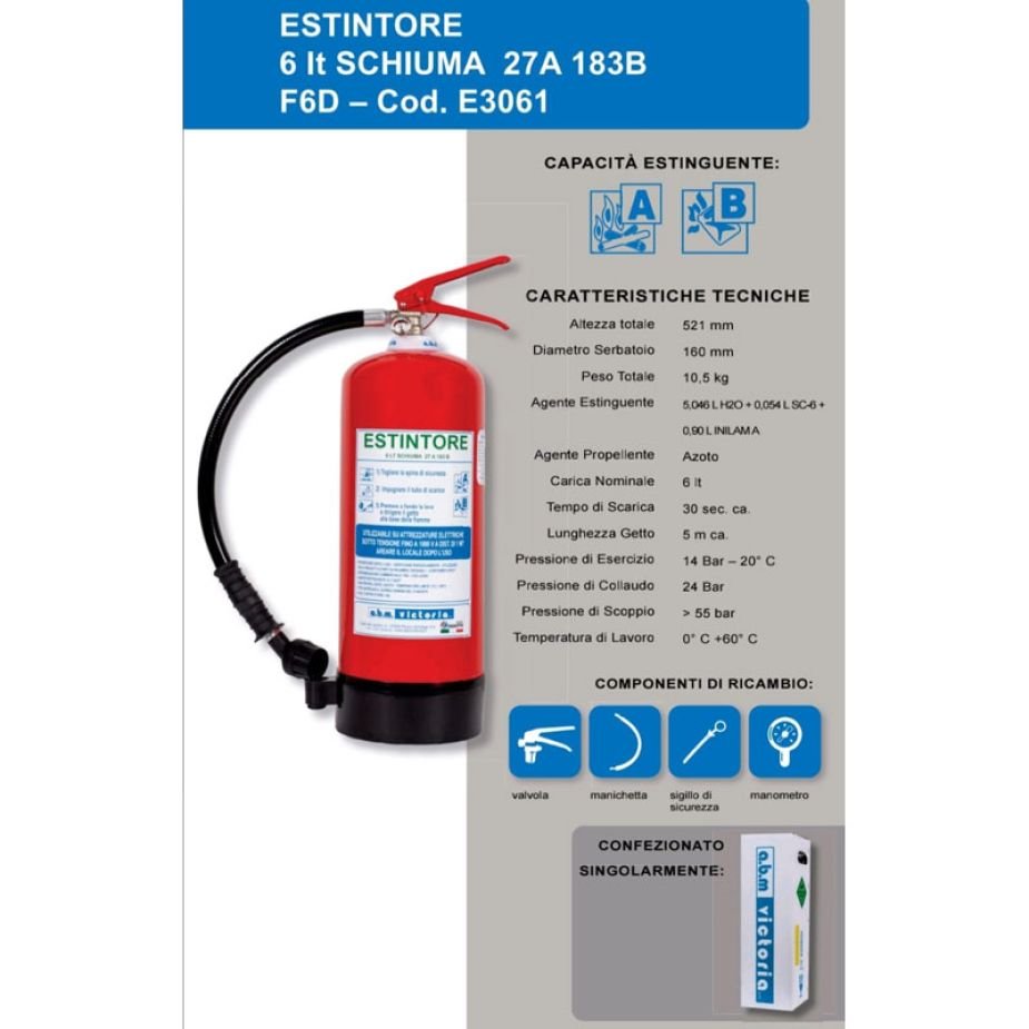 Estintore A Schiuma Gloria 6 Litri S6 Dlwb – 21A/183B, Pressione Continua, Per Interni E Officine