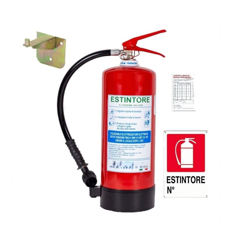 Estintore a Schiuma 6 Litri Certificato e Omologato, con Staffa, Cartello e Primo Tagliando di Controllo