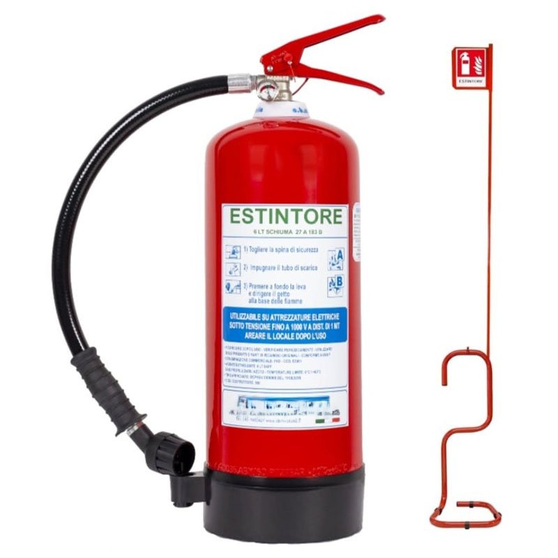 Estintore a Schiuma 6 Litri Certificato e Omologato, con Piantana, Cartello e Primo Tagliando di Controllo
