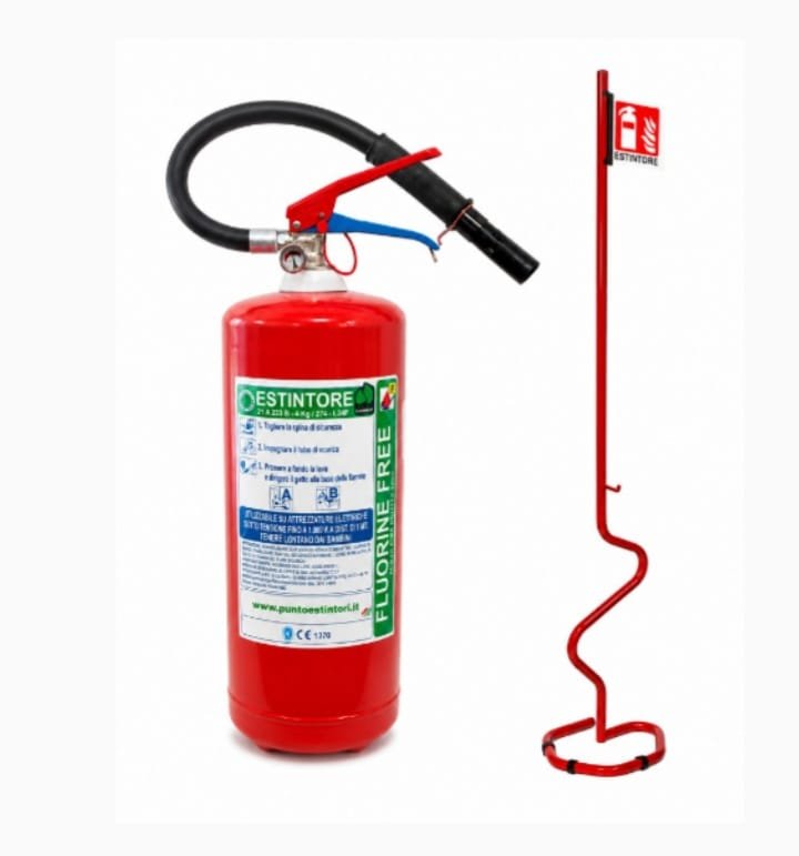 Estintore a Schiuma Fluorine Free 6L Classe di fuoco 27A 144B 40 F con Piantana Porta Estintore