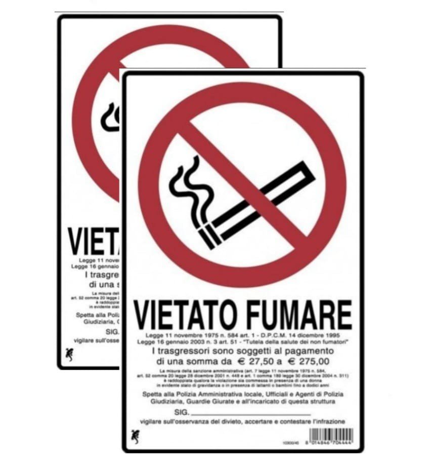 N° 2 CARTELLO SEGNALETICO IN PLASTICA 20X30 VIETATO FUMARE IMBUSTATO SINGOLARMENTE