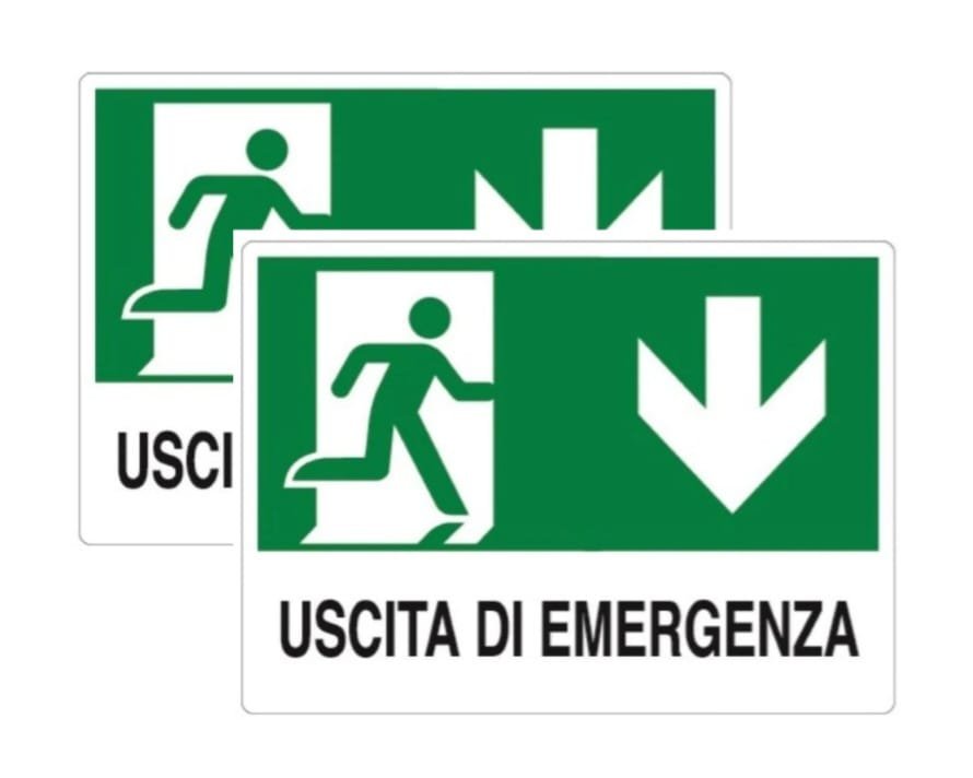 N° 2 CARTELLO SEGNALETICO IN PLASTICA 20X30 USCITA DI EMERGENZA FRECCIA IN BASSO IMBUSTATO SINGOLARMENTE